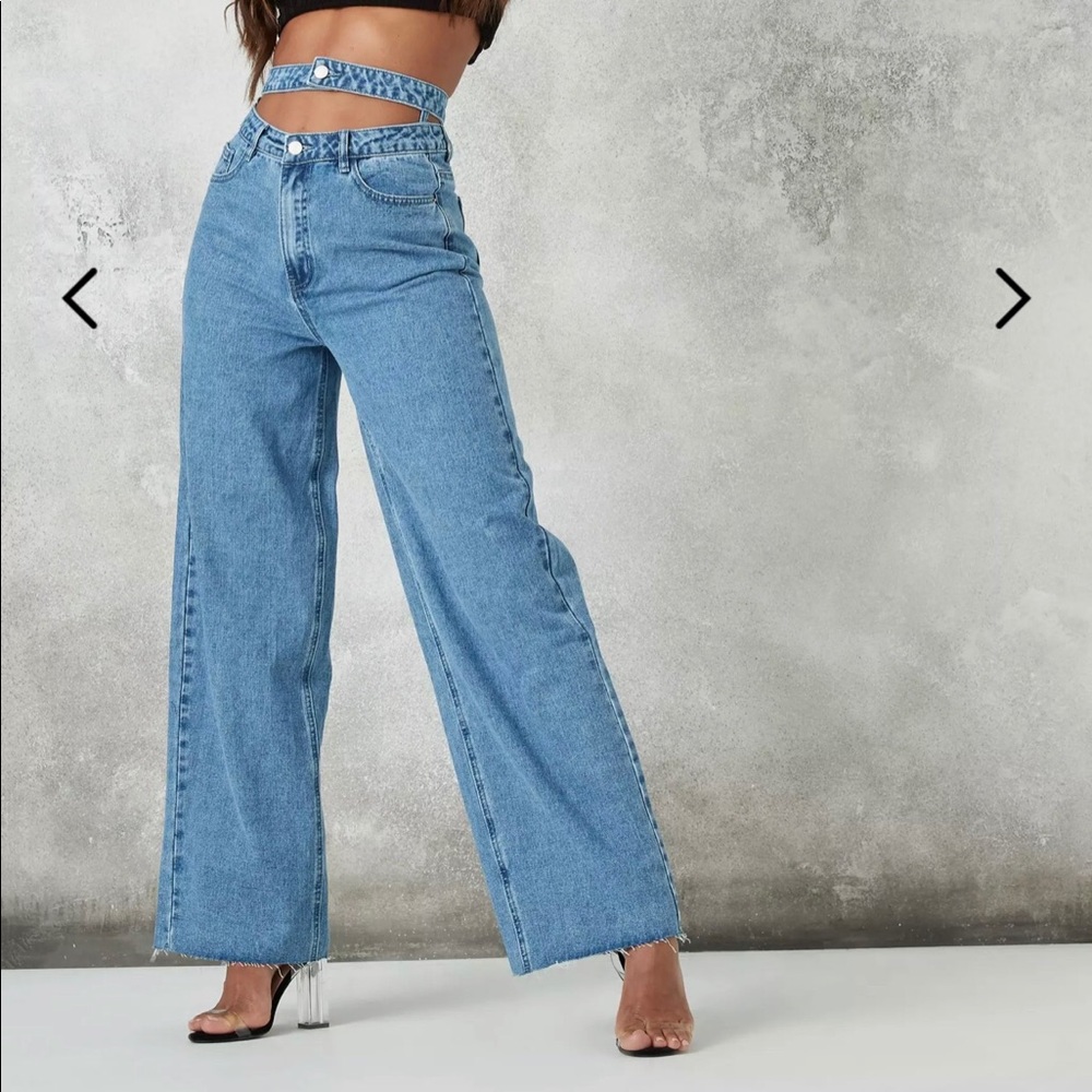 blue double waistband wide straight leg jeans
